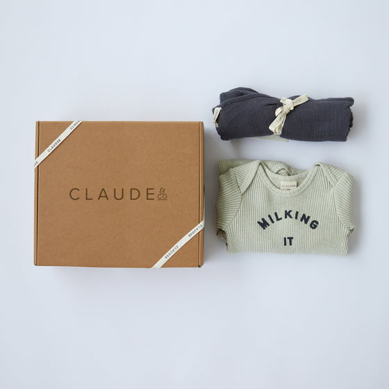Gift Set - Pistachio Onesie and Charcoal Muslin