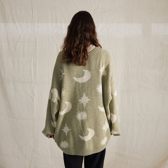 Adult Sweater Nordic Green Moons Stars